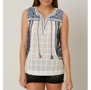 #398 Lucky White & Blue Sleeveless Floral Boho Top sz. S